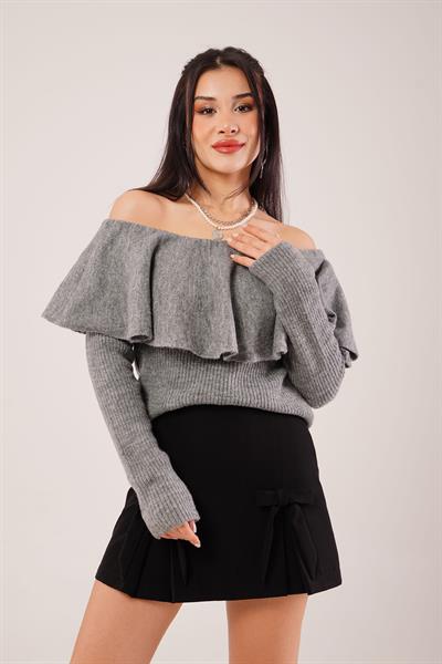 Madonna Yaka Volanlı Antrasit Triko Bluz