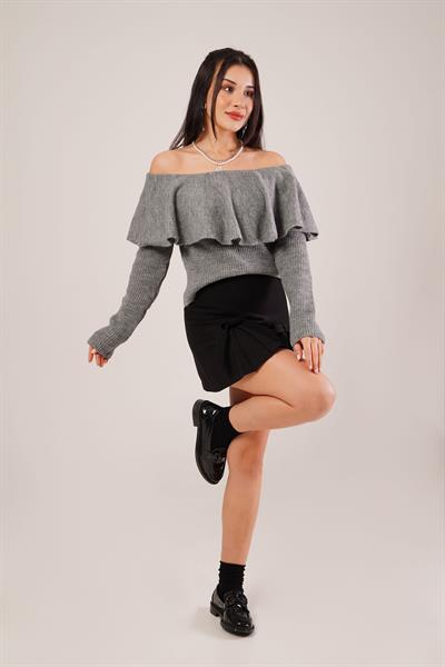 Madonna Yaka Volanlı Antrasit Triko Bluz