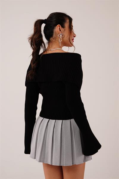 Madonna Yaka Fermuarlı Siyah Triko Hırka