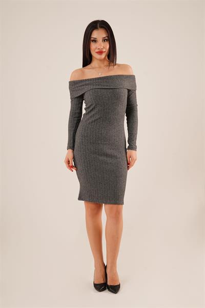 Madonna Yaka Fitilli Antrasit Triko Elbise