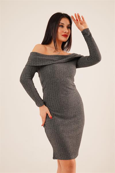 Madonna Yaka Fitilli Antrasit Triko Elbise