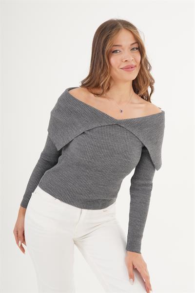 Madonna Yaka Omuz Dekolteli Gri Triko Kazak