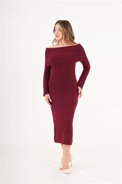 Mega Madonna Yaka Bordo Triko Elbise 