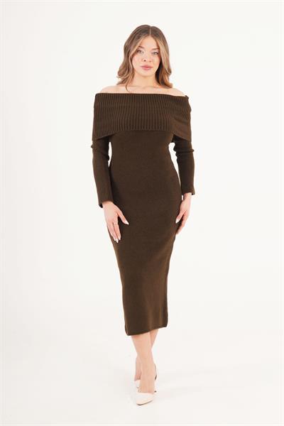 Mega Madonna Yaka Kahve Triko Elbise 