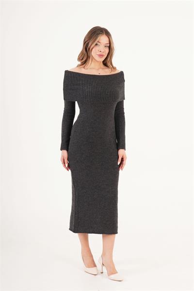 Mega Madonna Yaka Antrasit Triko Elbise 
