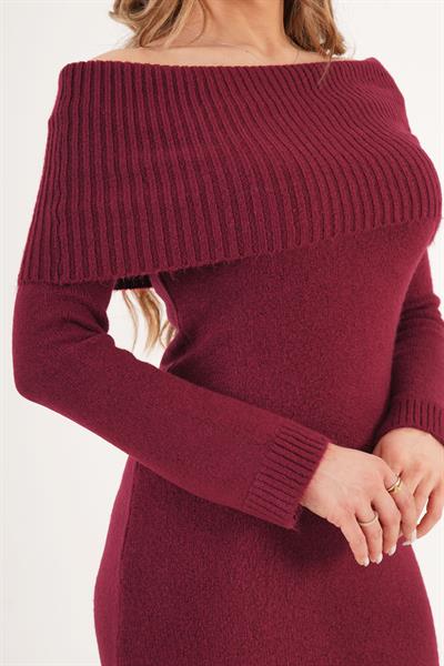 Mega Madonna Yaka Bordo Triko Elbise 