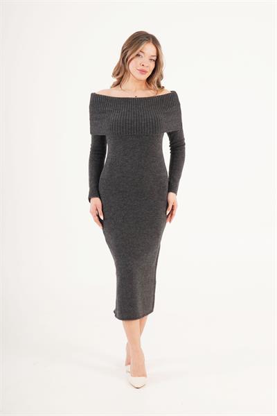 Mega Madonna Yaka Antrasit Triko Elbise 