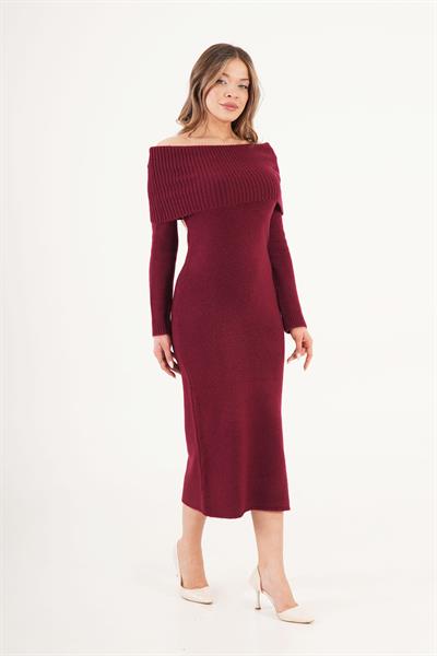 Mega Madonna Yaka Bordo Triko Elbise 