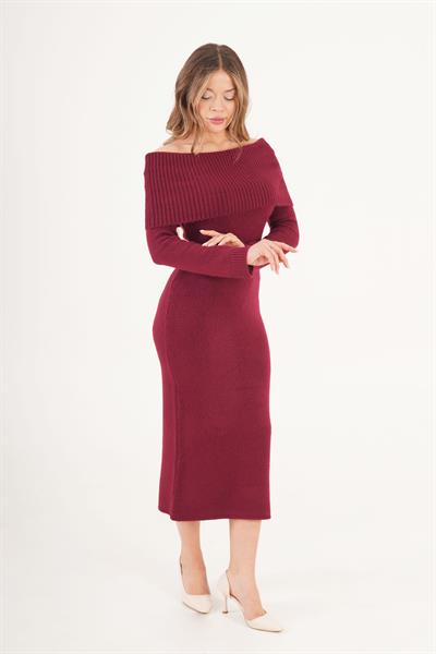 Mega Madonna Yaka Bordo Triko Elbise 