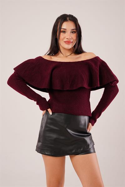 Madonna Yaka Volanlı Bordo Triko Bluz