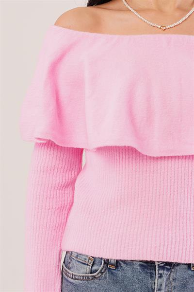 Madonna Yaka Volanlı Pembe Triko Bluz