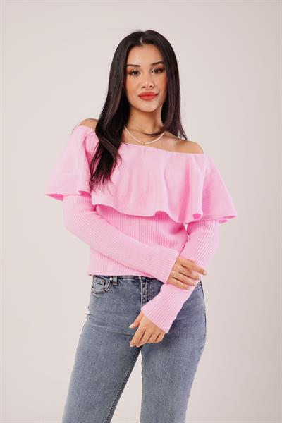 Madonna Yaka Volanlı Pembe Triko Bluz