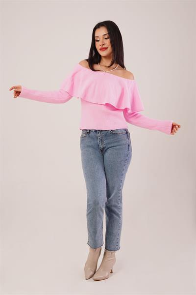Madonna Yaka Volanlı Pembe Triko Bluz