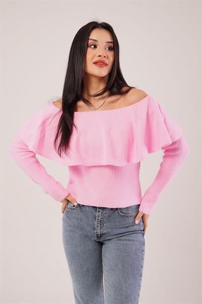 Madonna Yaka Volanlı Pembe Triko Bluz