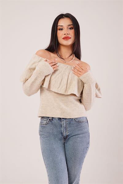 Madonna Yaka Volanlı Taş Triko Bluz