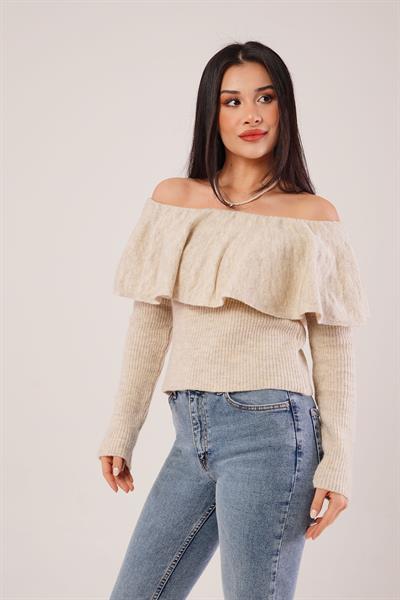 Madonna Yaka Volanlı Taş Triko Bluz