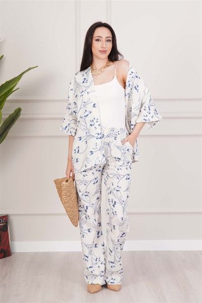 Mavi Çiçek Desenli Kimono ve Pantolon İkili Takım