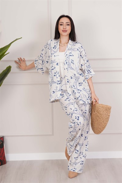 Mavi Çiçek Desenli Kimono ve Pantolon İkili Takım