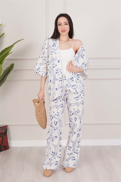 Mavi Çiçek Desenli Kimono ve Pantolon İkili Takım