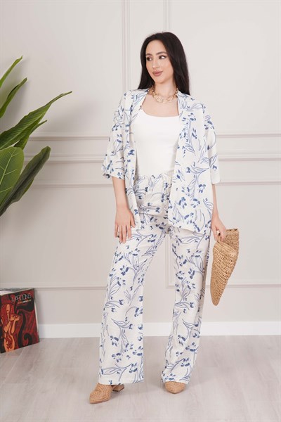 Mavi Çiçek Desenli Kimono ve Pantolon İkili Takım
