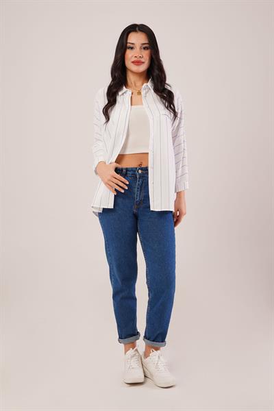 Mavi Çizgili Kol Katlamalı Gömlek