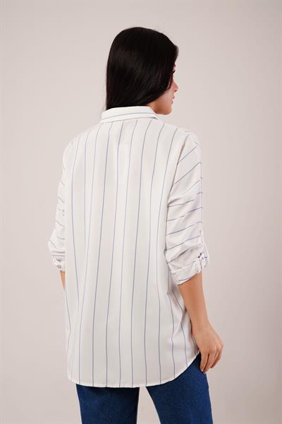 Mavi Çizgili Kol Katlamalı Gömlek