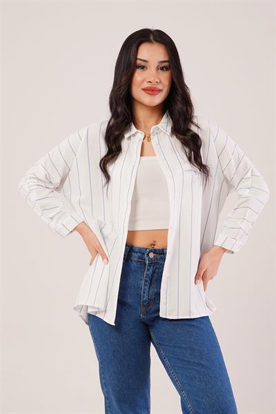 Mavi Çizgili Kol Katlamalı Gömlek