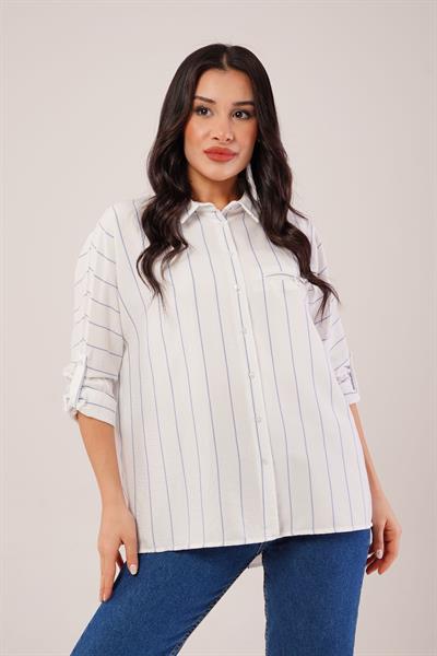Mavi Çizgili Kol Katlamalı Gömlek
