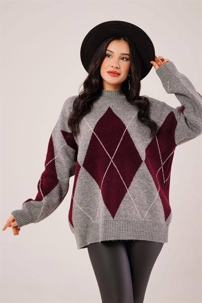 Mega Baklava Desen Oversize Bordo Kazak