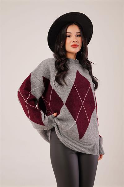 Mega Baklava Desen Oversize Bordo Kazak