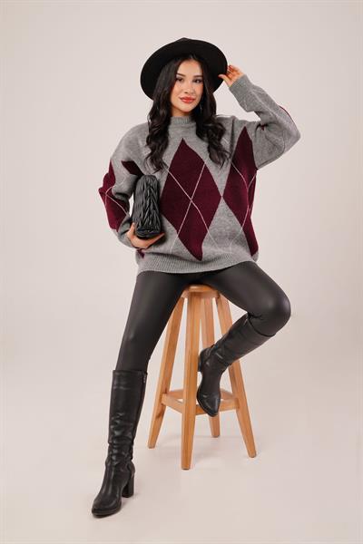 Mega Baklava Desen Oversize Bordo Kazak