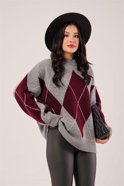 Mega Baklava Desen Oversize Bordo Kazak