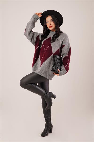 Mega Baklava Desen Oversize Bordo Kazak