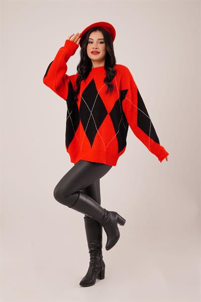 Mega Baklava Desen Oversize Kırmızı Kazak