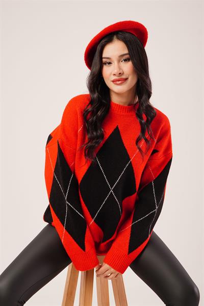 Mega Baklava Desen Oversize Kırmızı Kazak