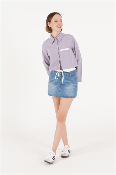 Mega Cep Detaylı Lila Crop Gömlek