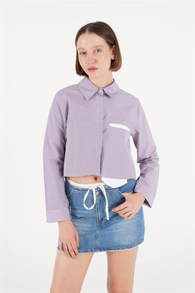 Mega Cep Detaylı Lila Crop Gömlek