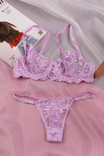 Mega Çiçek Nakışlı Lila Bralet Takımı (Tanga & Sütyen)