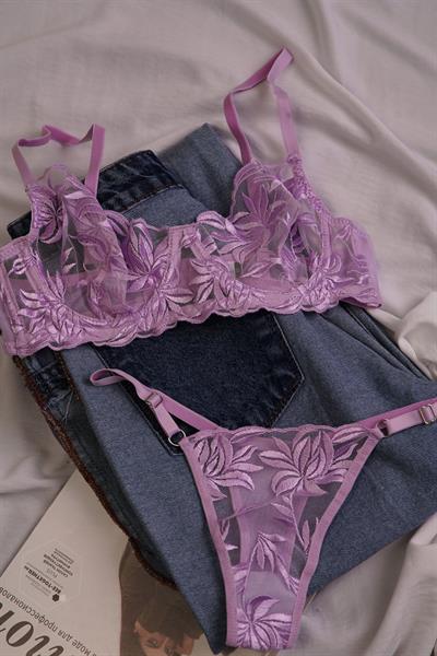 Mega Çiçek Nakışlı Lila Bralet Takımı (Tanga & Sütyen)