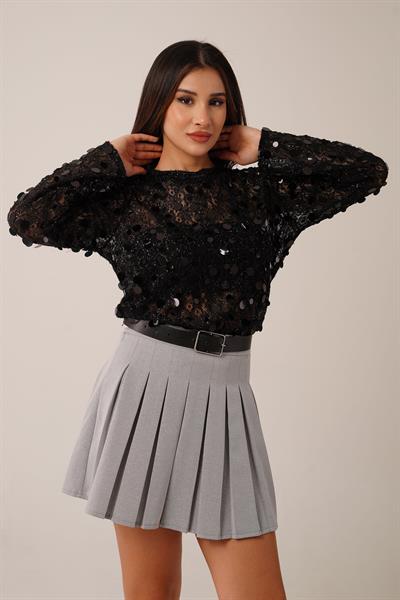 Mega Payet İşlemeli Transparan Siyah Bluz