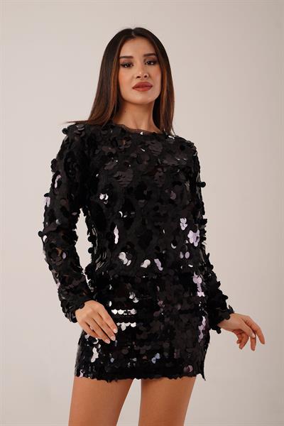 Mega Payet İşlemeli Tüllü Siyah Bluz