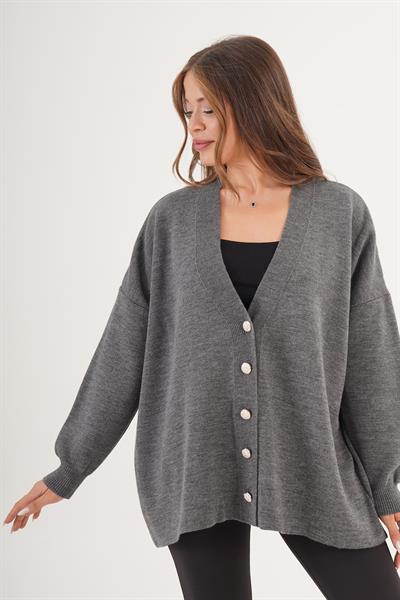 Metal Düğme Detaylı Oversize Klasik Antrasit Triko Hırka