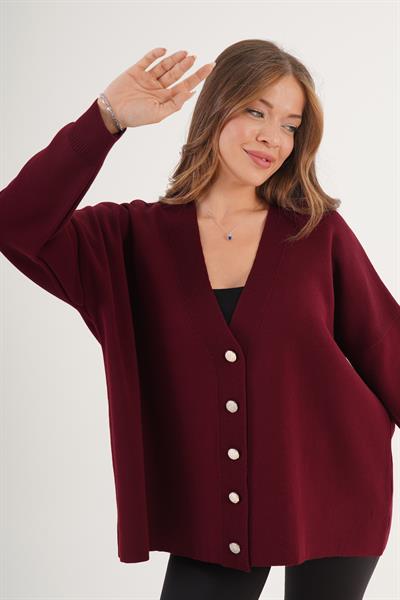 Metal Düğme Detaylı Oversize Klasik Bordo Triko Hırka