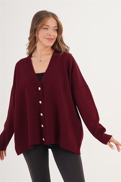 Metal Düğme Detaylı Oversize Klasik Bordo Triko Hırka