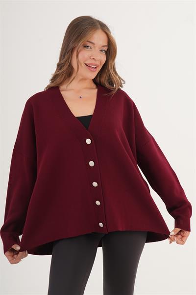 Metal Düğme Detaylı Oversize Klasik Bordo Triko Hırka