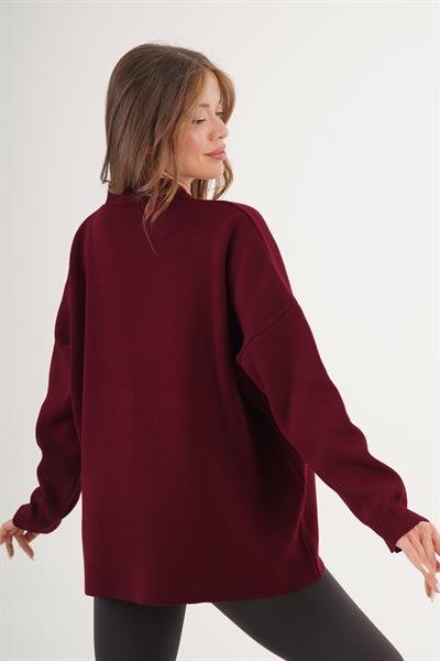 Metal Düğme Detaylı Oversize Klasik Bordo Triko Hırka