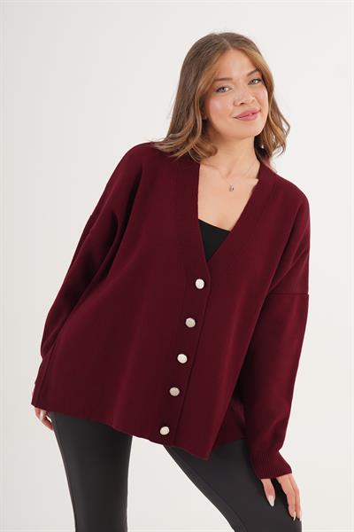 Metal Düğme Detaylı Oversize Klasik Bordo Triko Hırka