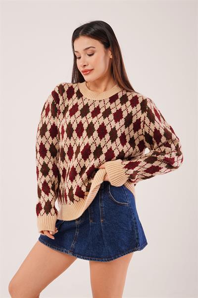 Mini Baklava Desenli Bej Triko Kazak