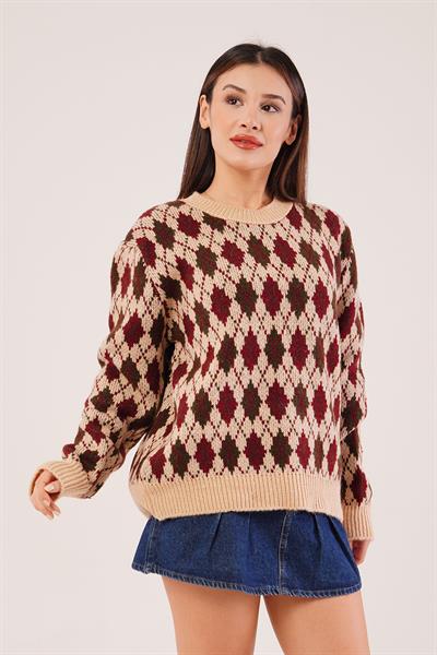 Mini Baklava Desenli Bej Triko Kazak