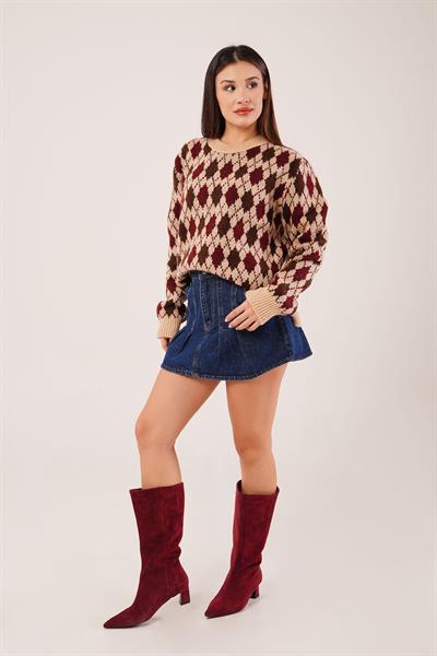 Mini Baklava Desenli Bej Triko Kazak